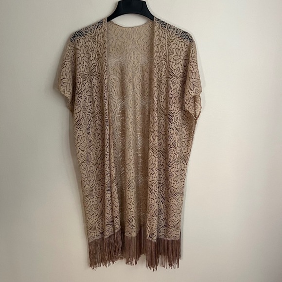 Sweaters - Womens Tan Lace Crochet Fringe Kimono Wrap Open Front Boho Cover Up OS